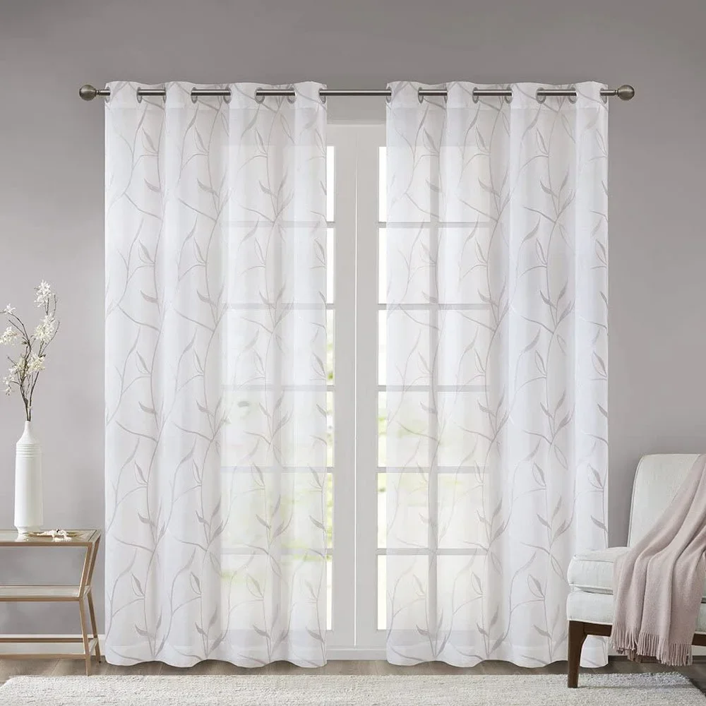 MADISON PARK Reed Leaf Embroidered Window Sheer Voile Panel Blush 50 x 95 NEW
